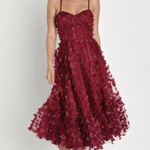 Lulus "Time to Fly" Burgundy Butterfly Lace-Up Midi Dress